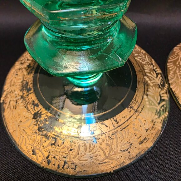 VTG Pair of Uranium Green Depression Glass Geometric Hexagon Taper Candle Holder - Picture 2 of 9